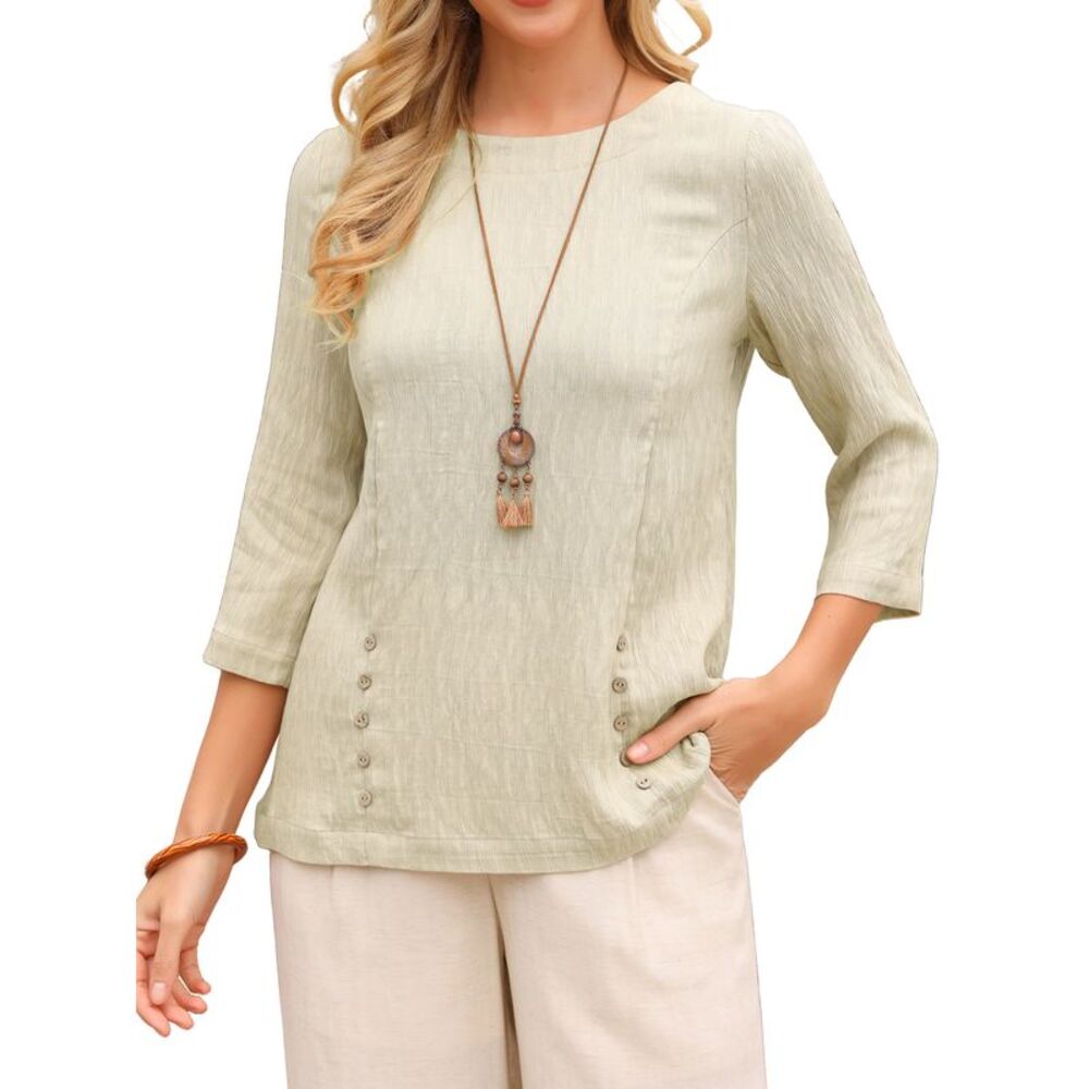 Women Trendy Spring Fall 3/4 Sleeve  Crewneck Blouse Beige